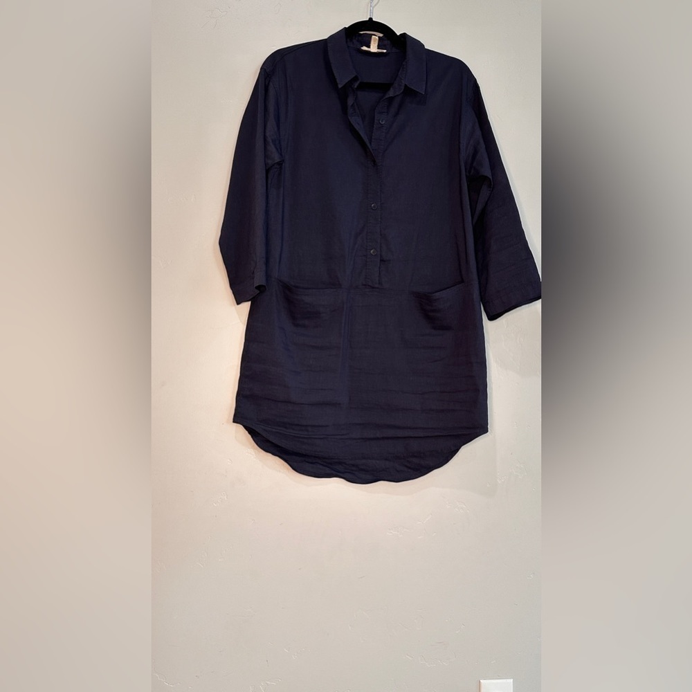 Eileen Fisher linen blend 3/4 sleeve buttoned tunic top blue size small